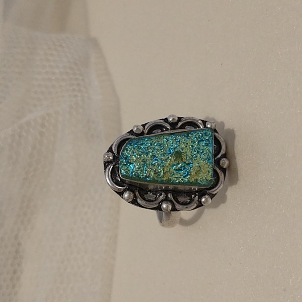 925 Silver Green/Yellow Druzzy Ring!